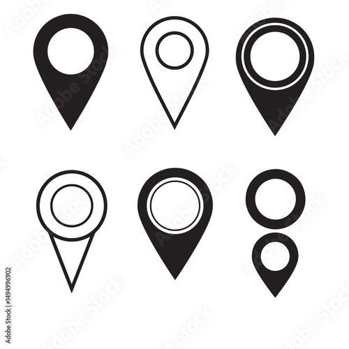 Set of six minimalist black location pins showing different design and silhouette styles