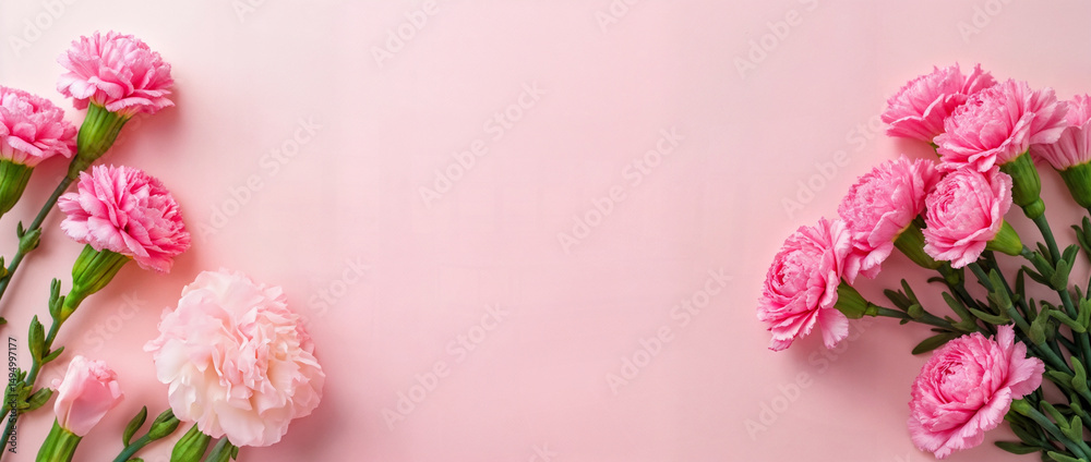 Happy Mother's Day. Beautiful bouquet of pink carnations with gift box on a colored background Happy Mother's Day. Beautiful bouquet of pink carnations with gift box on a colored background