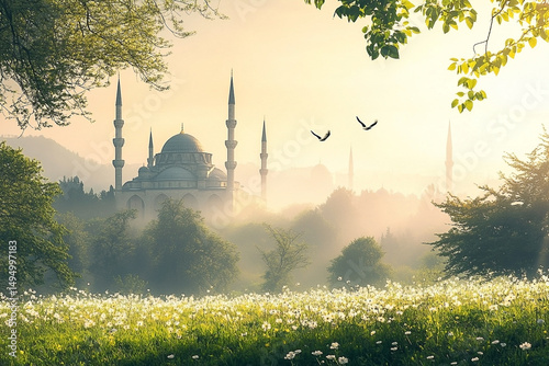 Serene Mosque Vista: A Tranquil Dawn View Amidst Lush Greenery and Soft Mist