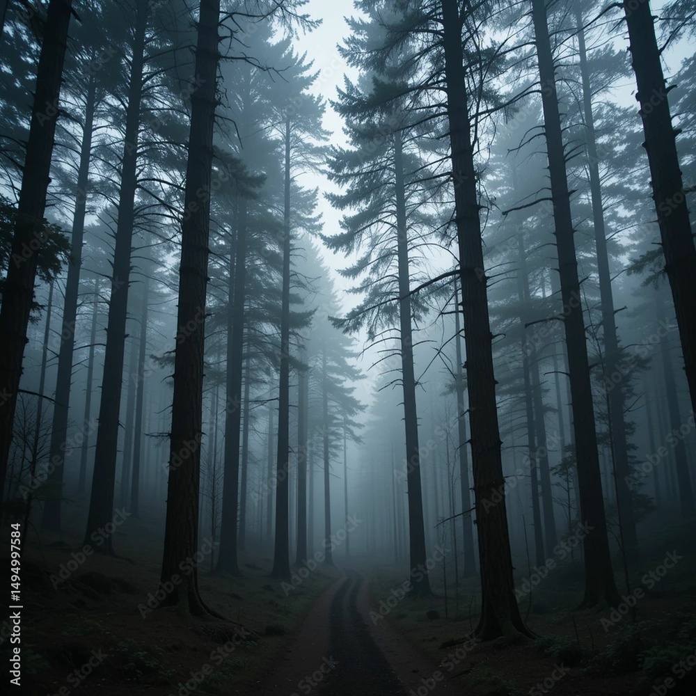 Obraz premium Misty Forest Path A Serene and Mysterious Journey Through Tall Trees