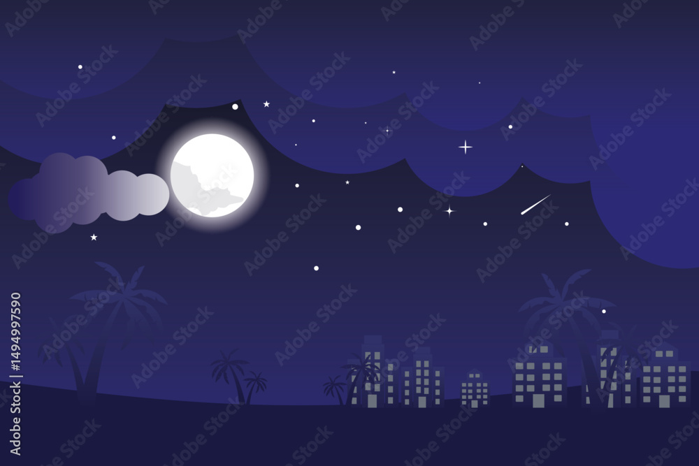Fototapeta premium Night sky background. Night city landscape. Stars, moon in night sky background. Moonlight night sky. Dark blue space background with stars. Universe background design. Wallpaper, template design. 