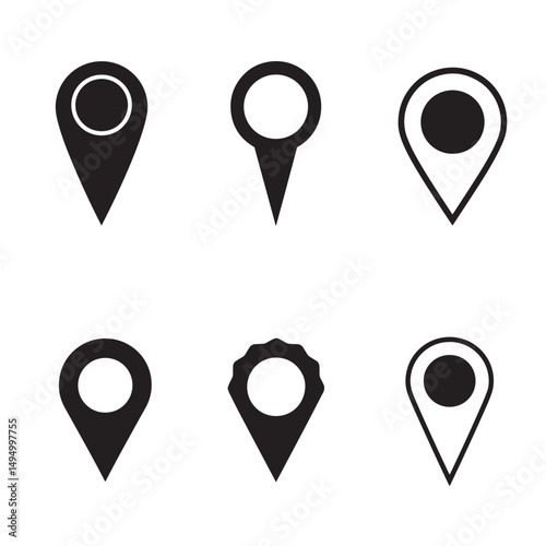 Collection of six distinct black location pin icons or map markers silhouettes on white