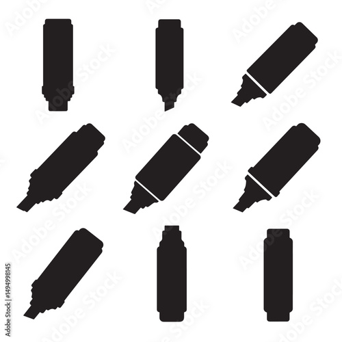 Silhouettes of various marker pens in different angles for educational and creative design purposes