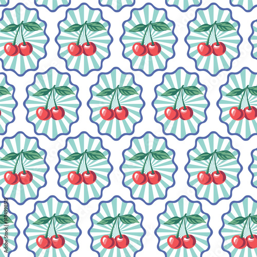 Red cherry in the frame seamless pattern. Summer fruit wallpaper.