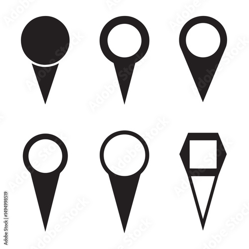 A collection of different minimalist location pin silhouettes in black color on white background