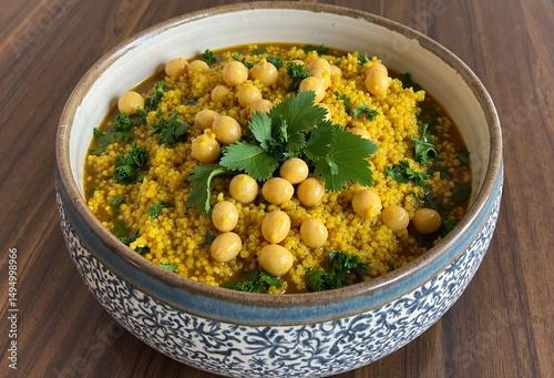 A vibrant bowl of Moroccan couscous with chickpeas and herbs sits on a dark wooden surface, radiating warmth.