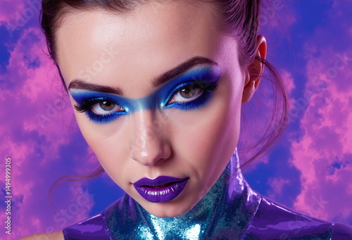 A woman with striking blue and purple makeup stares intensely at the viewer, set against a vibrant, futuristic backdrop.