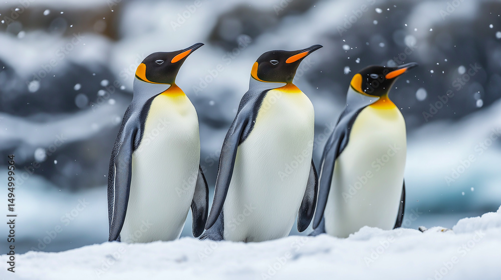 Fototapeta premium Penguins huddling together in snowy landscape