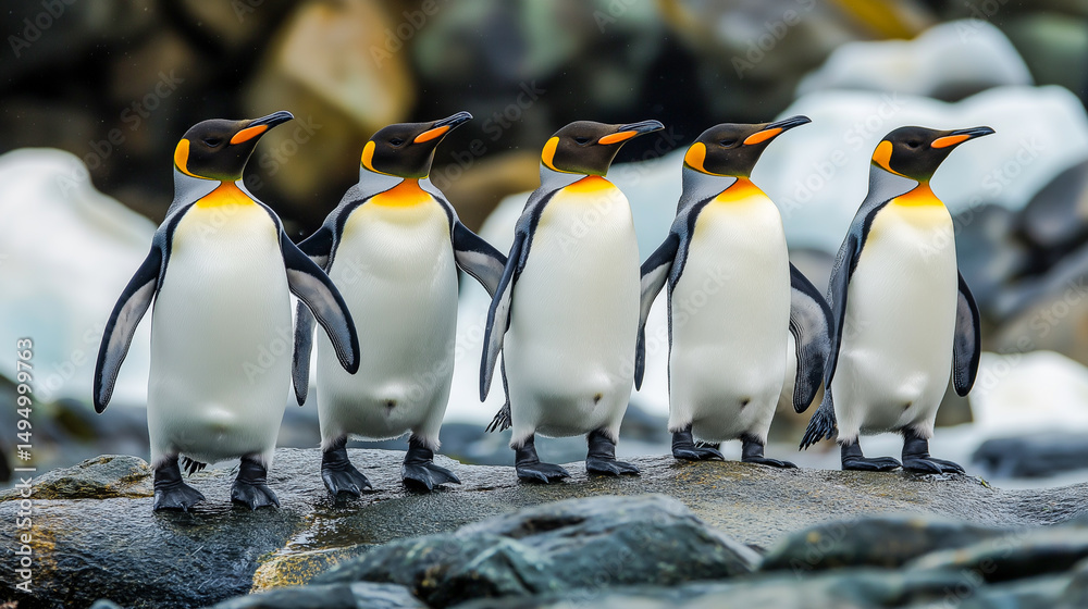 Fototapeta premium Group of penguins standing on rocky shore
