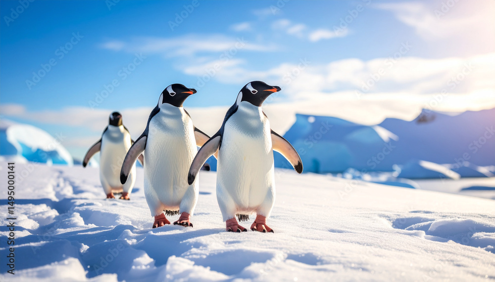 Fototapeta premium Penguins Walking on Icy Terrain in Antarctica Under Clear Sky Cold Polar Atmosphere