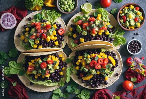 Four vibrant tacos filled with black beans and butternut squash, topped with a bright green salsa, sit on a dark surface.