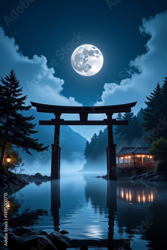Serene Moonlit Night at Japanese Torii Gate over Calm Lake with Pavilion