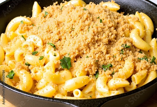 A skillet of golden mac and cheese is topped with a generous, golden-brown crumb topping and fresh parsley.