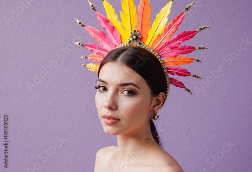 A young woman with dark hair wears a vibrant feathered headdress against a lavender backdrop, looking directly at the viewer - Generative AI