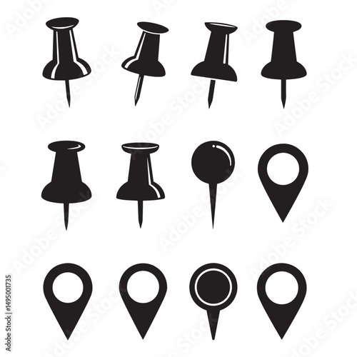 Collection of various black silhouette push pins and location markers isolated on white