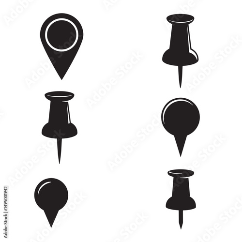 Collection of black silhouette map pin pointers and drawing pushpins isolated on white background