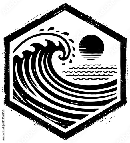 black silhouette of a sun and wave in grunge style