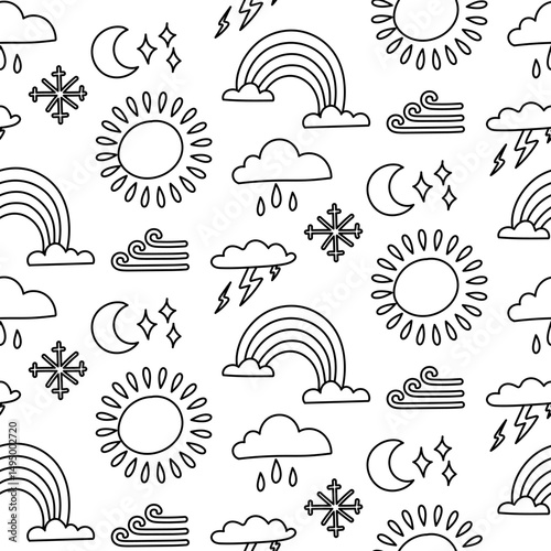pattern of weather conditions sun, lightning, clouds, rain, rainbow, snowflakes, wind. Monochrome texture in form of doodles. Beautiful seasonal weather. Creates a cozy atmosphere. Suitable