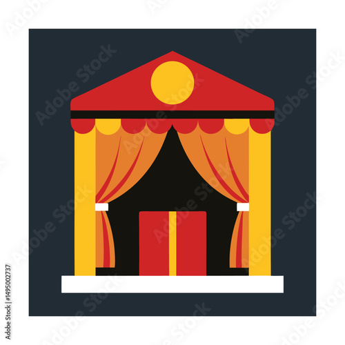 Colorful illustration of a stylized theater stage with drawn curtains and a gift box
