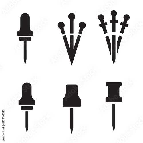 Collection of black silhouette thumbtack pushpin illustrations for office stationary or design projects