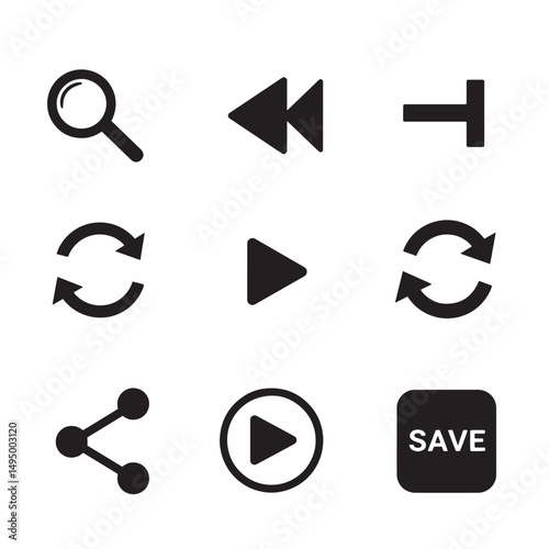 Collection of black and white silhouette icons representing various media and web app functions