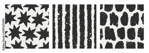Seamless abstract pattern with doodle stars, stripes, brushstrokes. Hand-drawn black and white modern textures, endless backgrounds, repeating prints set for trendy textile. Vector illustrations