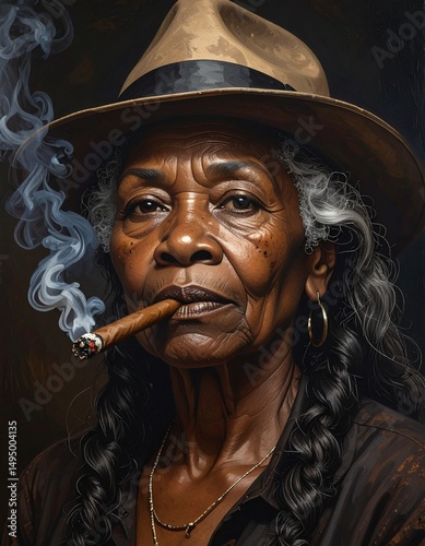 Portrait of an elderly Cuban woman with long hair. She wears a Cuban hat and smokes a cigar. The woman looks directly at the camera with a serious expression on her face. The background is dark