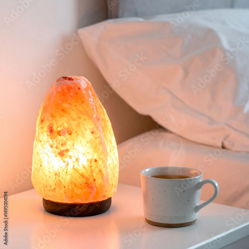 Cozy scene featuring a glowing salt lamp and steaming tea beside a bed. Symbolizes relaxation, wellness, and a peaceful evening routine. Home decor, lifestyle.