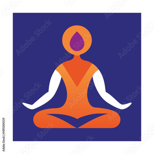 Meditating abstract figure in yoga posture isolated against a deep blue background design