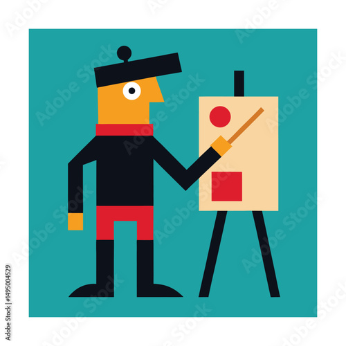 Abstract illustration of an artist painter standing beside an easel with brush pointing