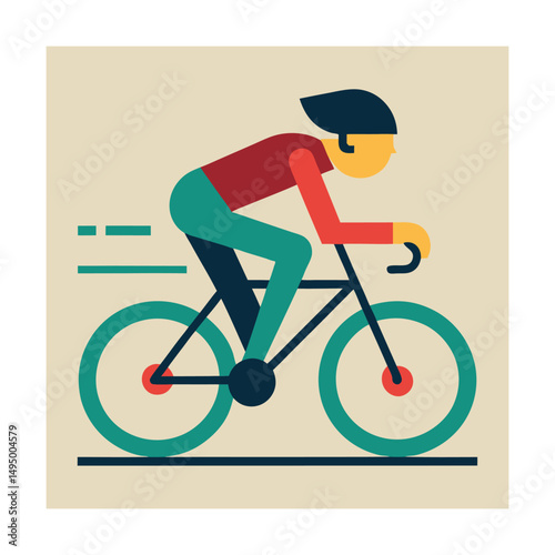 Cyclist riding bicycle in simplified flat design style against a creamy beige background