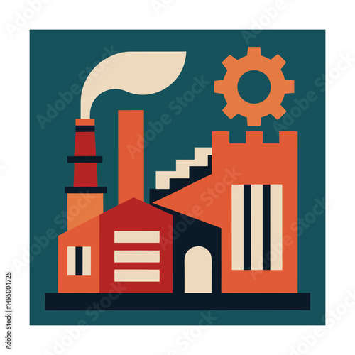 Vector illustration of a modern industrial factory with gear smoke and retro color scheme