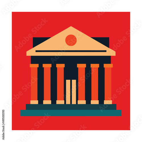 Stylized illustration of a government building with columns in a red square background