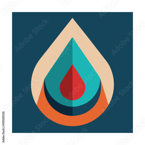 Abstract retro geometric drop shape with layers in earthy tones and vivid blue background