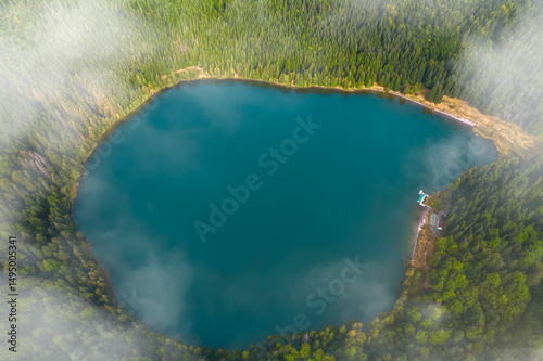 aerial view of the lake in the mountains