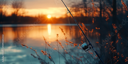 A tranquil scene of a fishing rod against a serene lake at golden hour