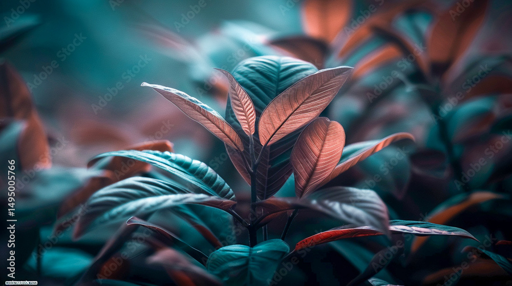 Fototapeta premium Close-Up of Lush Green Leaves with Unique Color Tones and Soft Focus Background for Nature Lovers and Art Enthusiasts