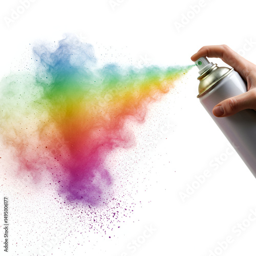 Rainbow colored powder explosion created by a spray can in studio setting. Handheld spray can dispersing vibrant powder cloud against a plain white backdrop.