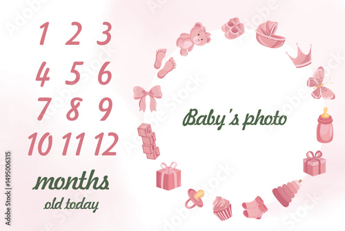 Pink baby milestone card template with baby photo New born elements toys clothes