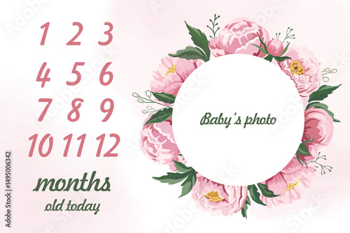 Pink floral baby milestone card template with baby photo