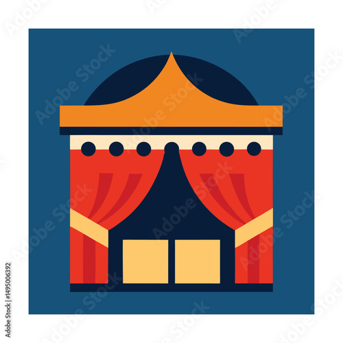 Colorful vector illustration of a circus tent with red curtains on a dark blue background