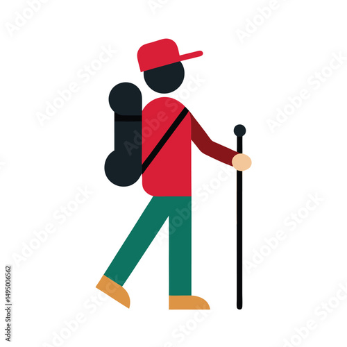 Simple illustration of a hiker with backpack and trekking pole walking isolated on white