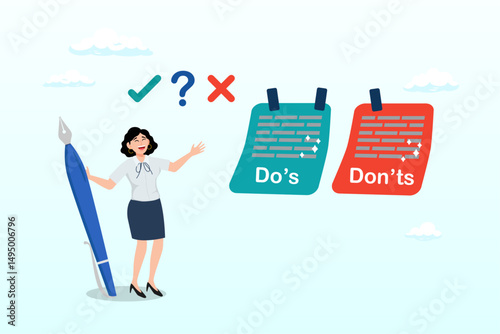 Businesswoman write do and don't checklist on sticky notes, do and don't checklist, positive suggestion and negative to avoid, correct or false answer on paper note, wrong and right to do list concept