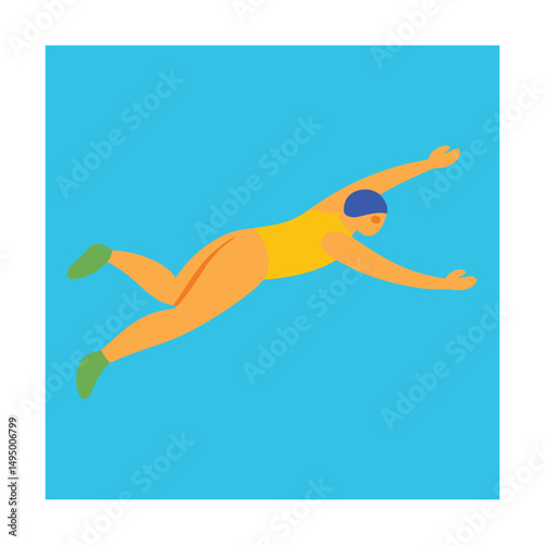 Swimming diver in a yellow swimsuit and cap diving into water on a blue background