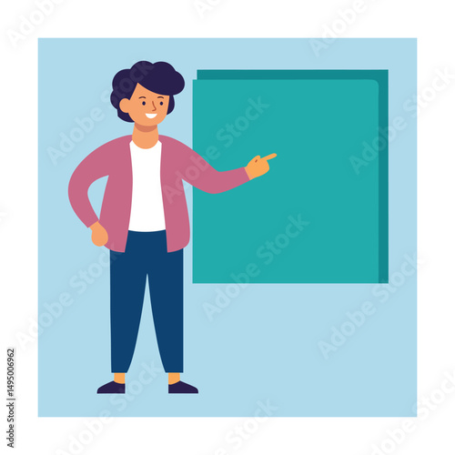 Cheerful cartoon presenter pointing towards an empty board for presentation or information