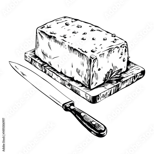 Block of butter on board with knife in vintage engraving style