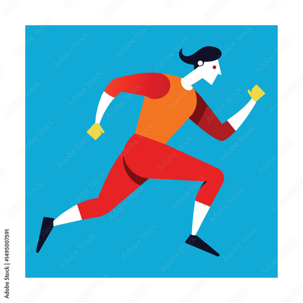 Fototapeta premium Colorful geometric illustration depicting a person running in action against a blue backdrop
