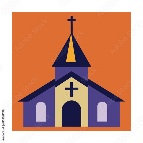 Flat illustration of a church building with a cross symbol for religious concepts