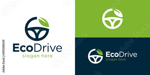Creative simple eco drive logo template. Steer wheel with green leaf symbol for Eco friendly car logo design vector illustration.