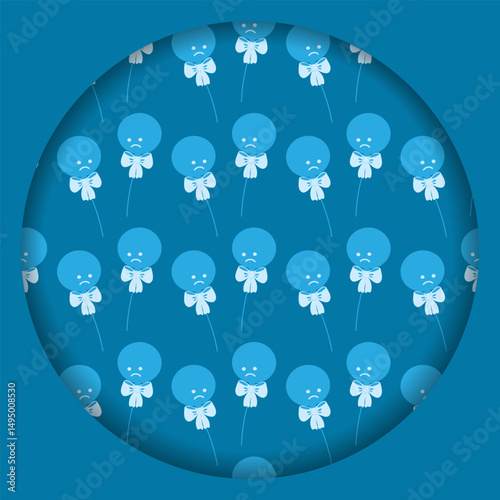 Round Blue balloons with tied ribbon bow Monochrome pattern Blue Monday Balloons Paper Cut Design